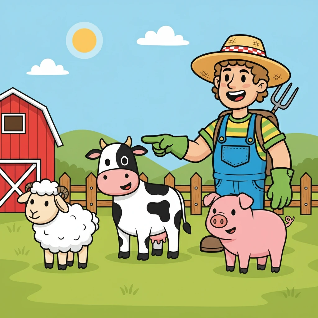 Match the words to the pictures: Sheep, Cow, Pig.