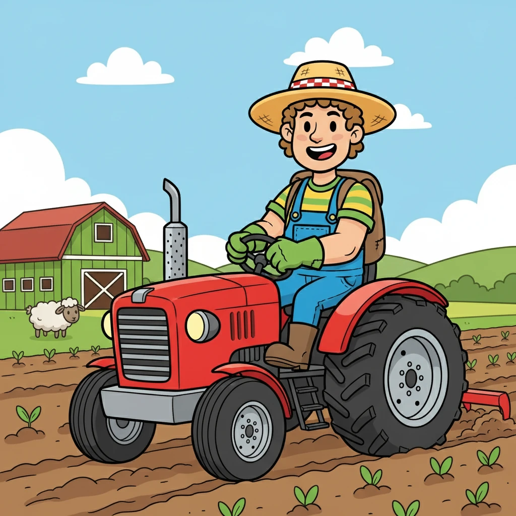 Farmer Finn uses a big, red TRACTOR. The tractor helps him work. The tractor is very useful.