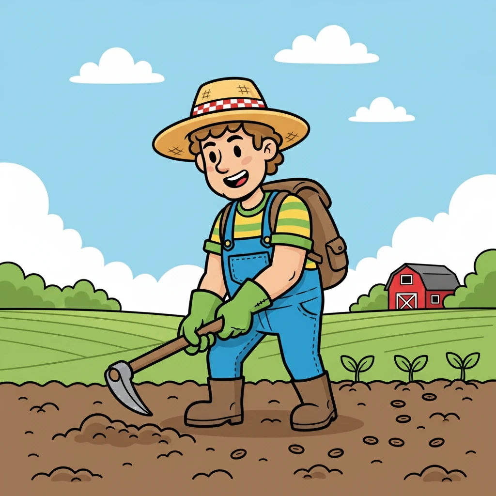 He also uses a green HOE. The hoe helps him dig in the dirt. He uses the hoe to plant seeds.