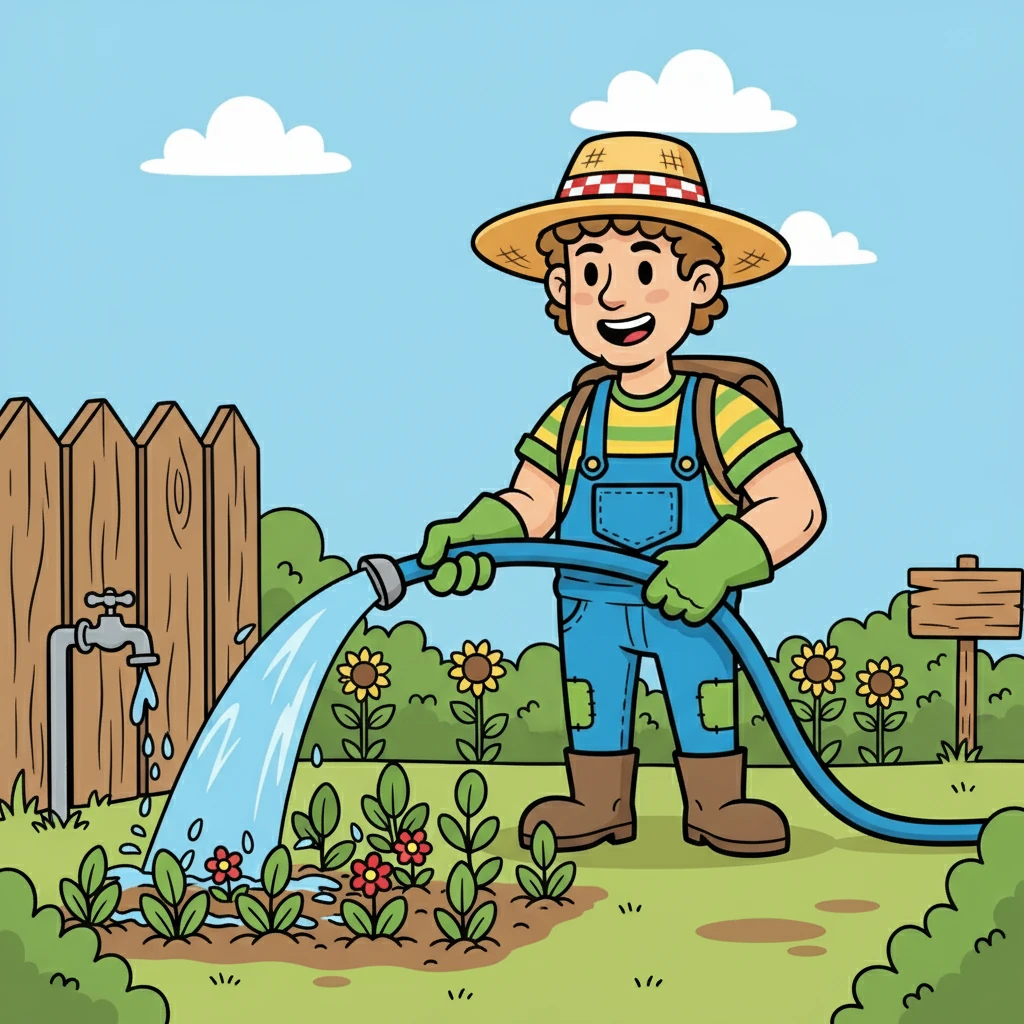 Farmer Finn waters the plants with a long, blue HOSE. The hose is connected to the water. The plants need water to grow.