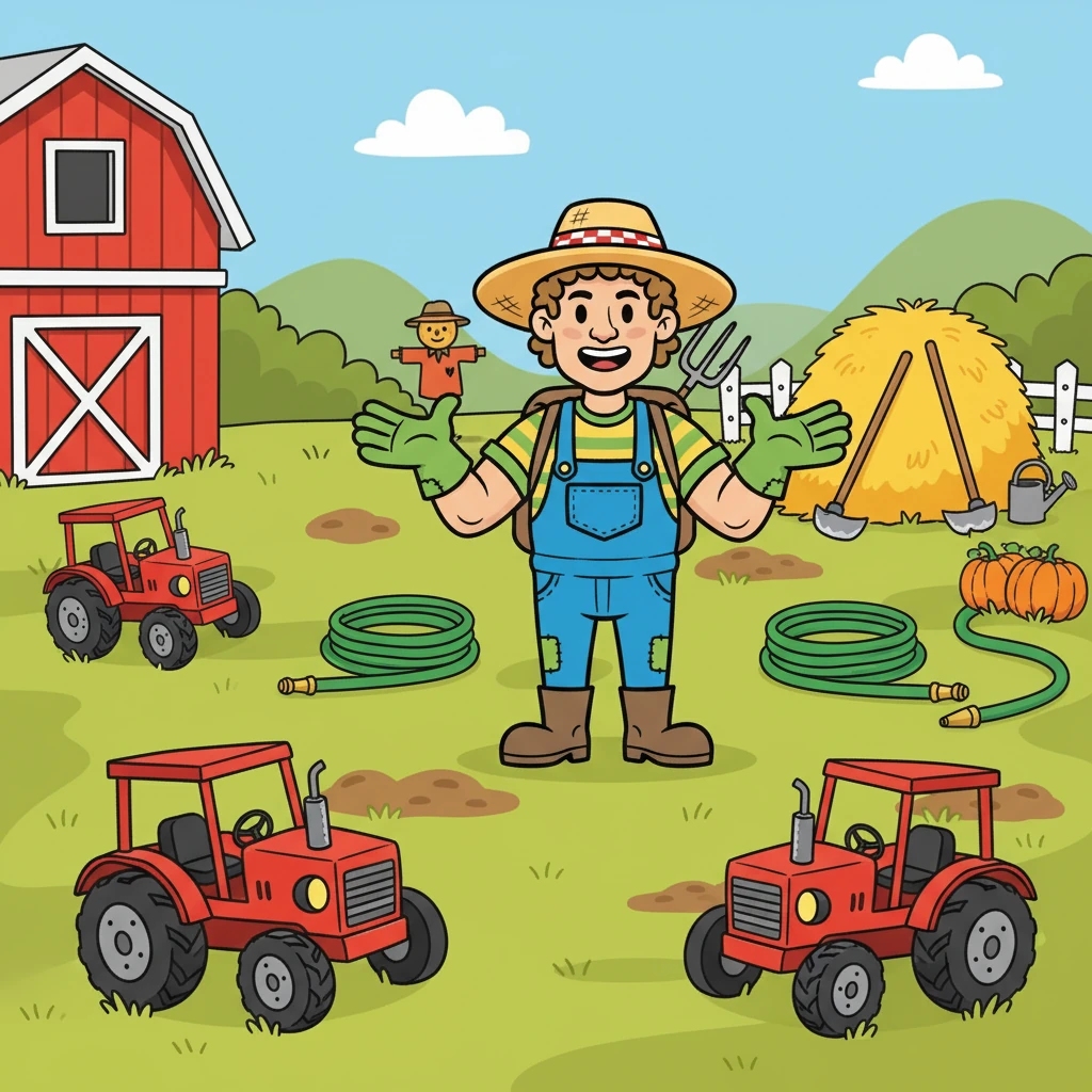 Find and count: How many tractors, hoes, and hoses do you see?