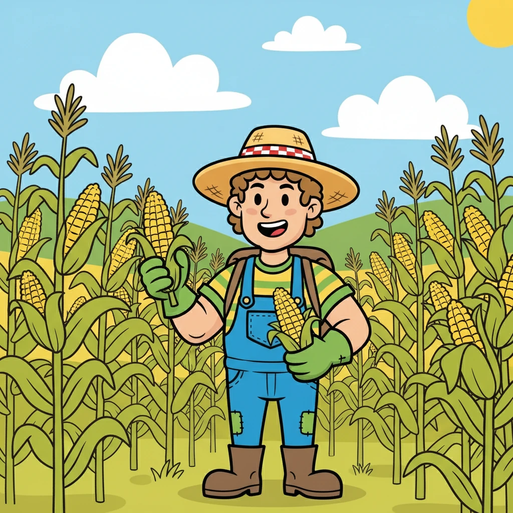Farmer Finn grows yellow CORN. The corn grows tall in the field. The corn is yummy.
