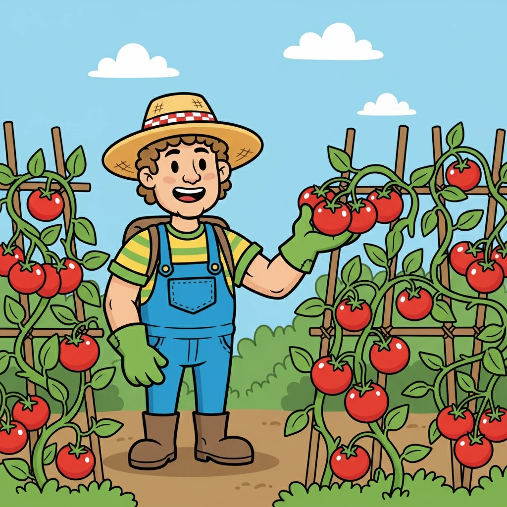 He also grows red TOMATOES. The tomatoes grow on vines. The tomatoes are juicy and delicious.