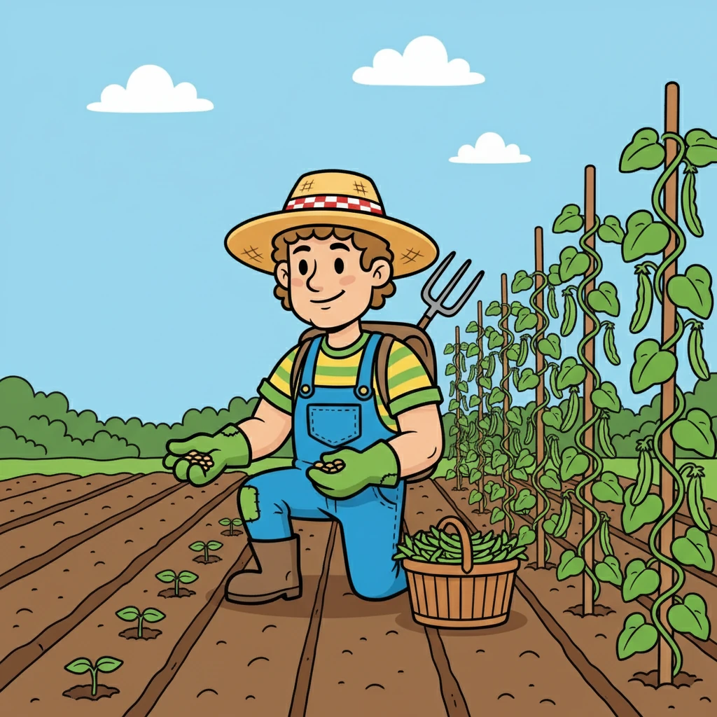 He plants green BEANS. The beans grow in long rows. He picks the beans for his dinner.