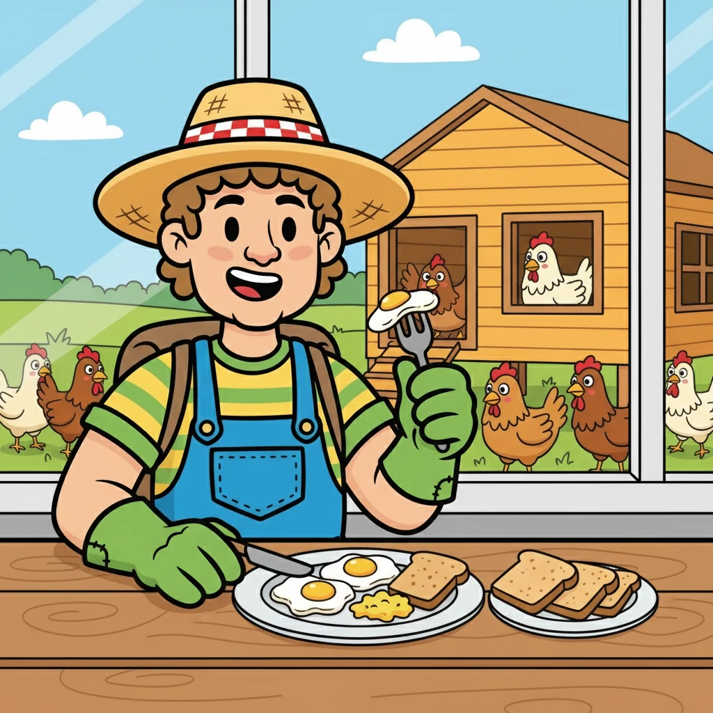 Farmer Finn loves to eat EGGS. The eggs come from chickens. They are good for breakfast.