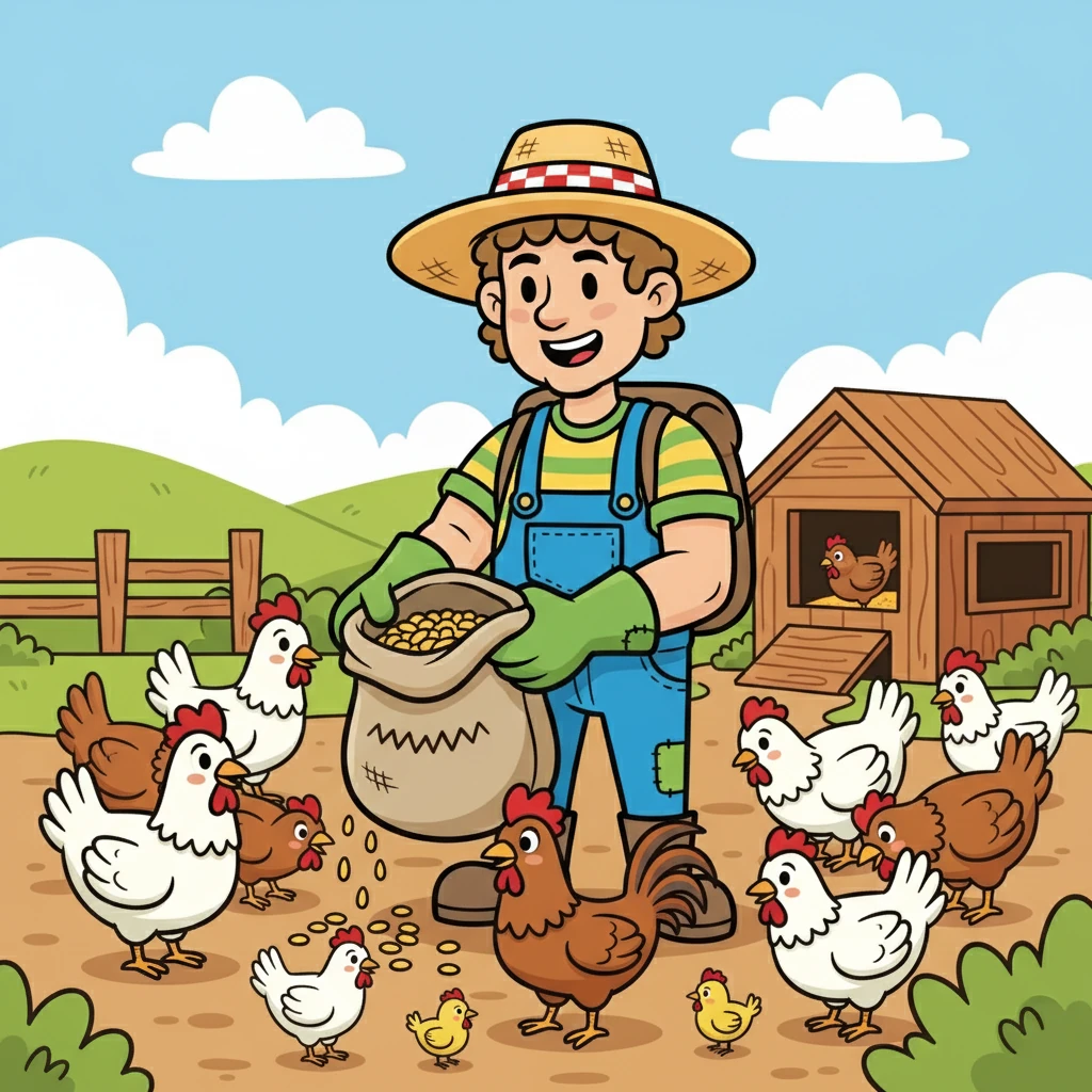He feeds the chickens with GRAIN. The grain is in a bag. The chickens eat it all day long.