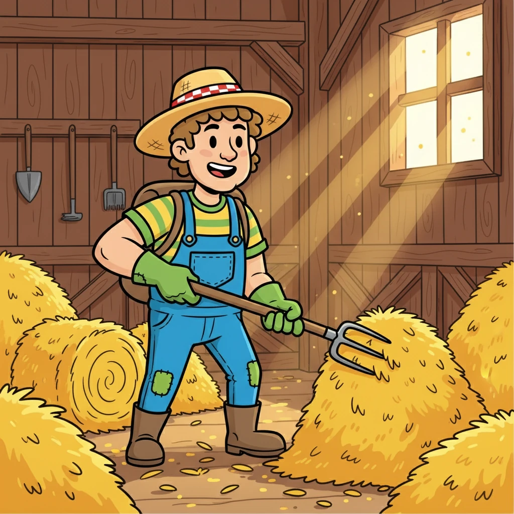 He uses a PITCHFORK to move the hay. The pitchfork helps him. It is a useful tool.