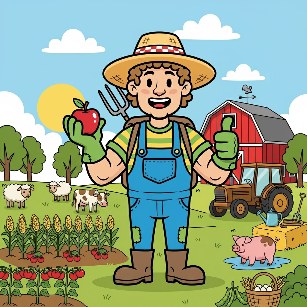 Farmer Finn smiles as he looks at his farm. He loves his farm and all his animals. He is a happy farmer. Here are all the words we learned today: SUN, TREE, BARN, SHEEP, COW, PIG, TRACTOR, HOE, HOSE, CORN, TOMATOES, BEANS, EGGS, GRAIN, PITCHFORK.