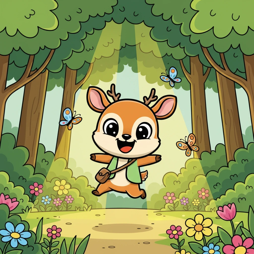 Kancil Pintar, si rusa kecil yang terkenal cerdik, melompat riang di tengah hutan yang hijau. Sinar matahari menembus dedaunan lebat, menciptakan bintik-bintik cahaya di jalannya. Ia tersenyum lebar, menikmati hari yang indah penuh dengan bunga-bunga berwarna-warni dan kupu-kupu yang menari.