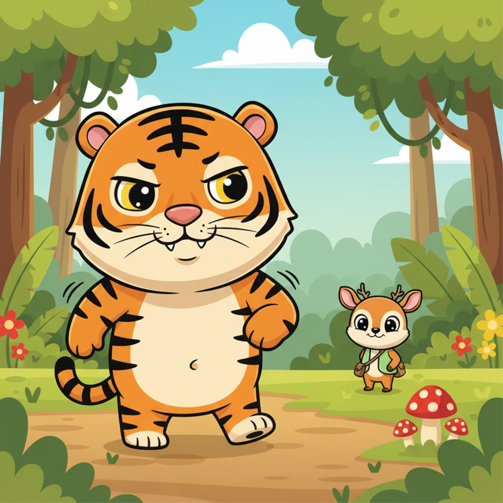 Di sisi lain hutan, Harimau Lapar yang besar dan bergaris-garis berjalan dengan langkah berat, perutnya keroncongan. Matanya yang tajam mengawasi sekeliling, mencari santapan. Tiba-tiba, ia melihat Kancil Pintar yang mungil, dan seringai muncul di wajahnya yang sangar.