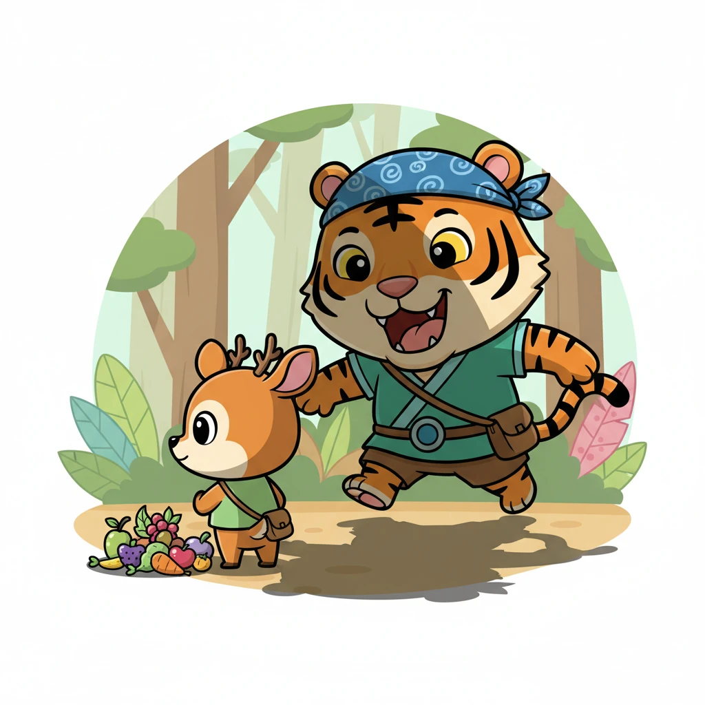 Harimau Lapar melesat mendekat, bayangannya yang besar menutupi Kancil. Kancil Pintar terkejut, namun dengan cepat ia menyembunyikan rasa takutnya. Ia pura-pura sangat sibuk mengamati sebuah tumpukan buah-buahan dan sayuran liar yang tampak biasa saja.