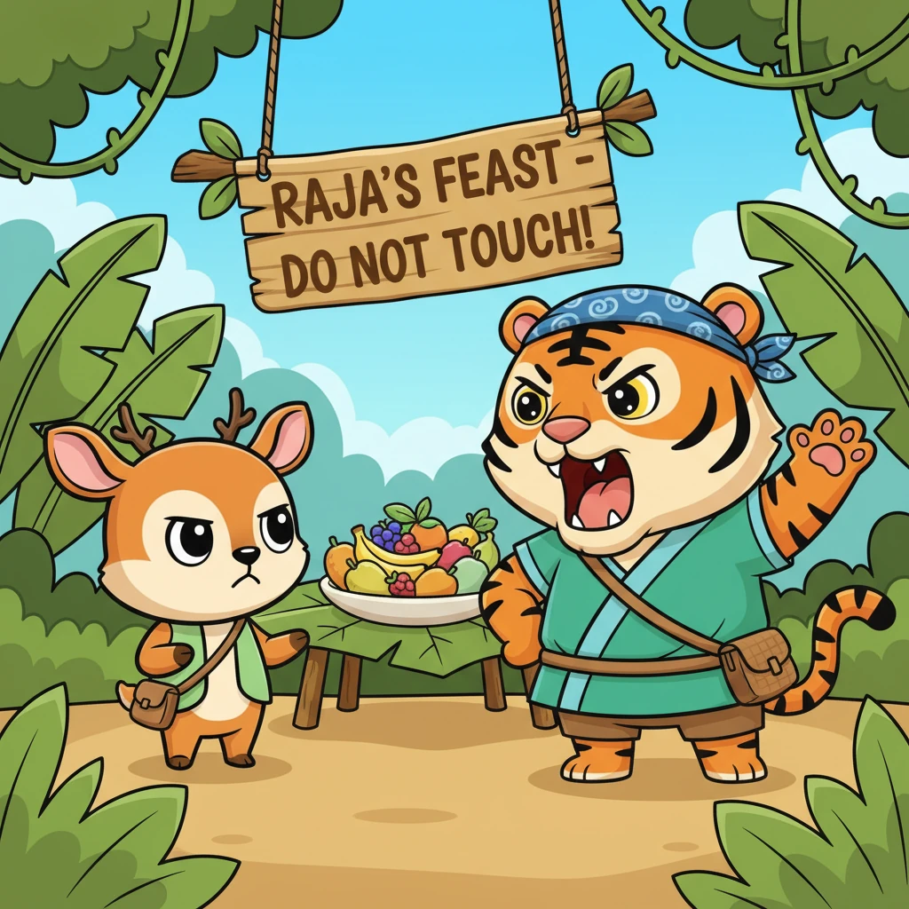 "Hai, Kancil!" geram Harimau, suaranya menggelegar. Kancil mendongak dengan ekspresi serius. "Oh, maafkan saya, Harimau," katanya, "Saya sedang menjaga 'Pesta Raja' yang istimewa ini. Raja melarang siapa pun menyentuhnya sebelum dia tiba!"