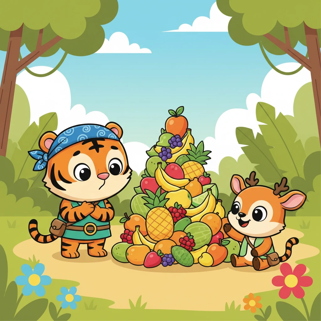 Harimau terdiam, bingung. Pesta Raja? Ia belum pernah mendengar tentang pesta semewah itu di hutan. Matanya yang besar memandang tumpukan buah-buahan yang Kancil jaga, tampak sedikit ragu dan penuh rasa ingin tahu.