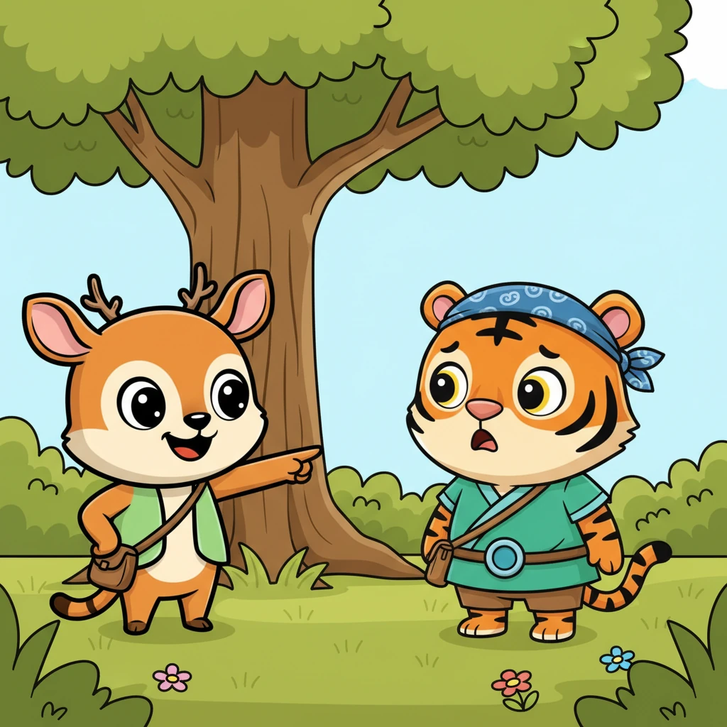 Kancil Pintar melanjutkan, "Jika kamu berani menyentuhnya tanpa izin Raja, kamu akan mendapat masalah besar! Lebih baik kamu menunggu di sana sampai Raja datang dan memberikan perintahnya." Ia menunjuk ke arah semak-semak yang jauh.