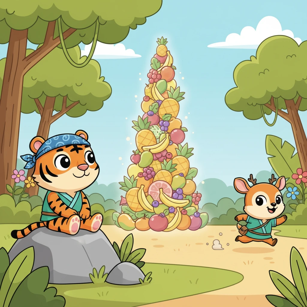 Harimau Lapar, yang terkenal kuat tapi tidak terlalu pintar, percaya begitu saja. Ia duduk di tempat yang ditunjuk Kancil, matanya tetap terpaku pada tumpukan "Pesta Raja". Kesempatan ini digunakan Kancil Pintar untuk diam-diam melesat pergi, mencari tempat aman lain.