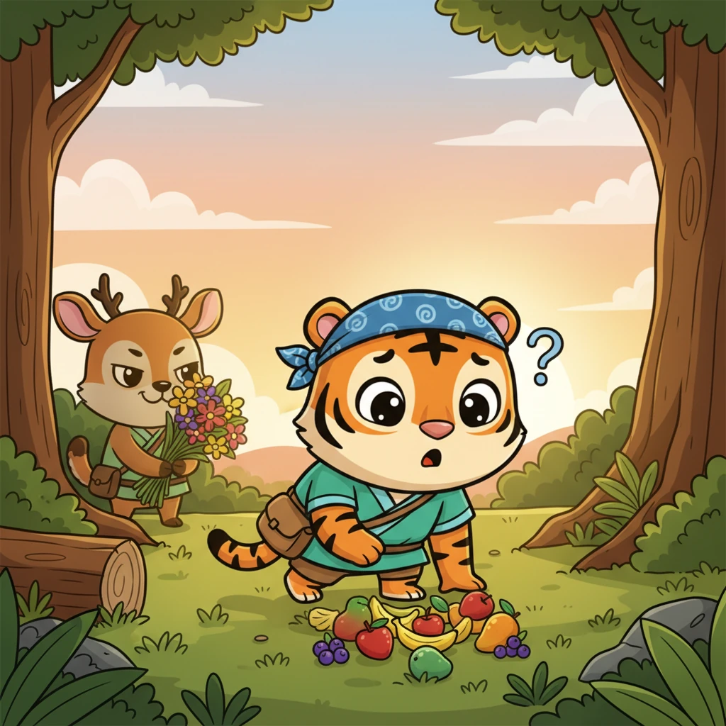 Waktu berlalu, matahari mulai condong, namun Raja tak kunjung datang. Harimau mulai merasa aneh. Ia mendekat ke tumpukan buah-buahan itu dan menyadari bahwa itu hanyalah buah-buahan hutan biasa yang bisa ditemukan di mana saja.