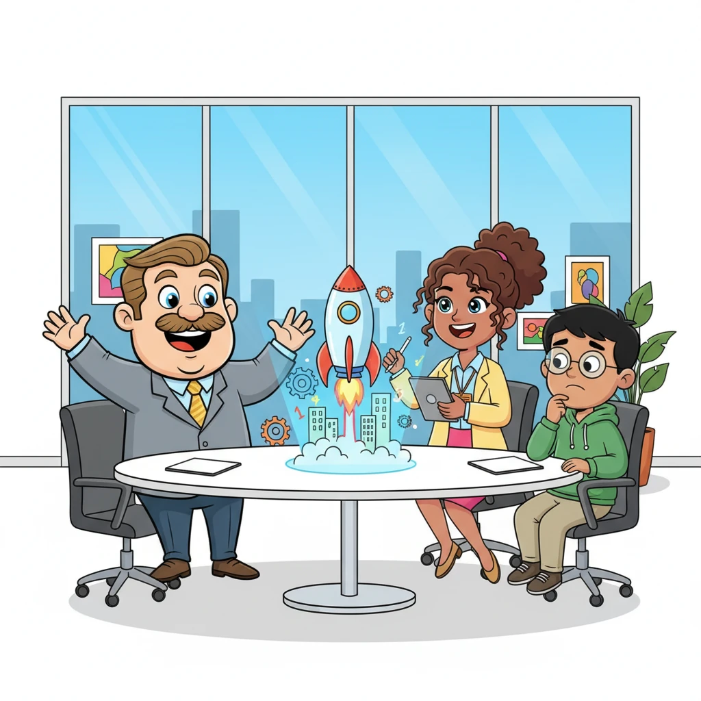 Keith, a cheerful middle-aged man with kind eyes, gathers his team – bright Haley, energetic Madison, and thoughtful Jayden – around a shiny meeting table. He excitedly announces a brand new, super-important client project that promises big fun and even bigger challenges. The team beams with initial excitement, but soon, worried glances start to appear as the project's complexity sinks in.