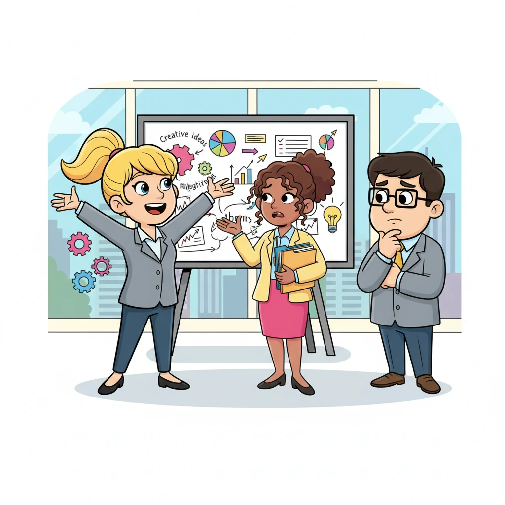 Madison, with her bright blonde hair, enthusiastically proposes leading the creative vision, sketching grand ideas in the air. Haley, ever practical, raises concerns about the tight technical deadlines and her already full workload, looking a bit flustered. Jayden quietly observes, while Keith listens intently to their differing opinions, a thoughtful expression on his face.