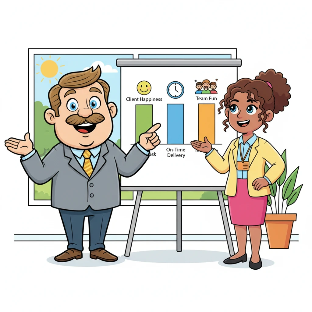 To make sure their new plan is fair and effective, Keith explains, 'Let's agree on some objective measures.' He points to a chart showing 'Client Happiness,' 'On-Time Delivery,' and 'Team Fun' as their guiding stars. The team nods in agreement, understanding that these shared standards will help them make the best decisions.