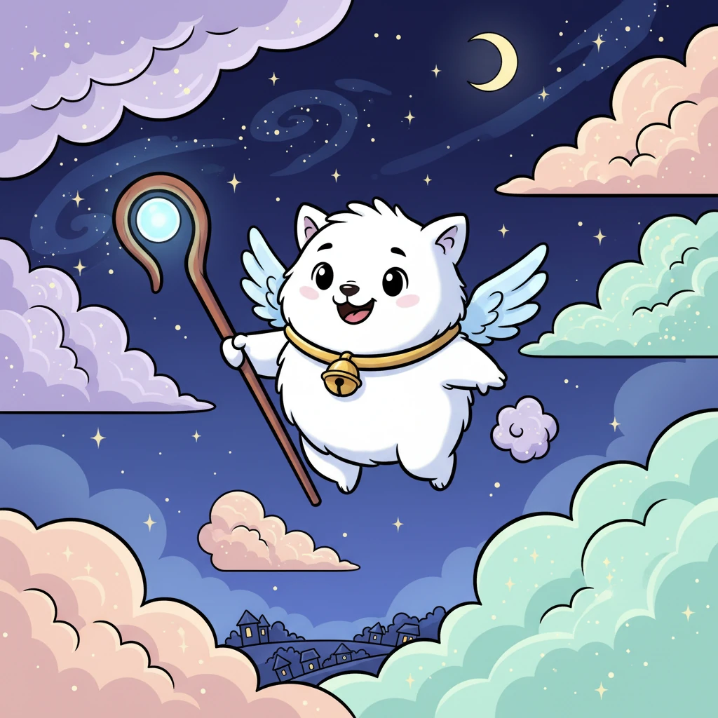 High above the sleeping world lived Pip, a tiny, fluffy creature with a very important job. Pip was a cloud-herder, ensuring all the soft, dreamy clouds were just where they needed to be each night. He loved seeing the peaceful sky he helped create.