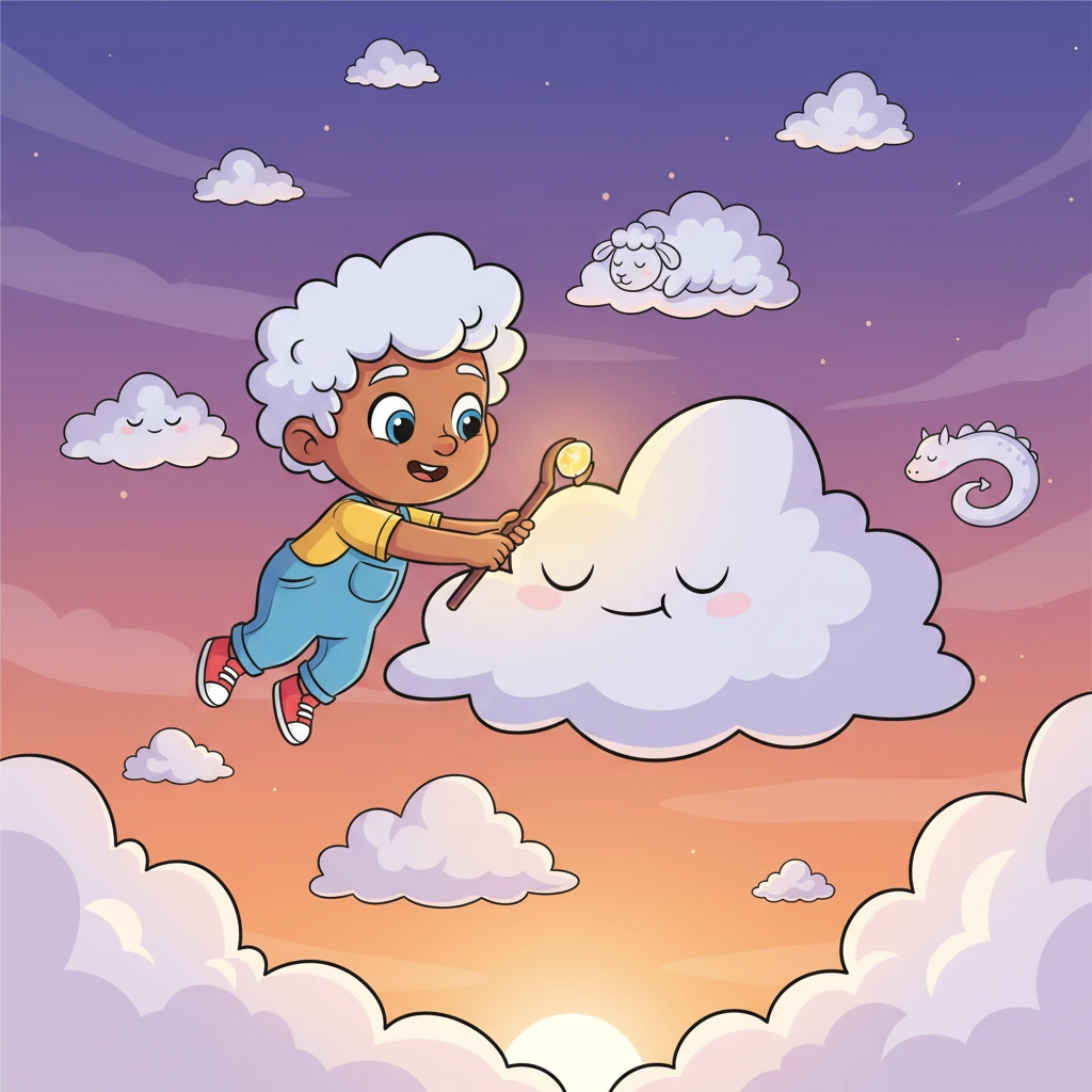 As the sun dipped below the horizon, painting the sky in magnificent oranges and purples, Pip began his nightly rounds. He floated gracefully, gently nudging sleepy clouds with his tiny, glowing staff, guiding them into their perfect, fluffy formations.
