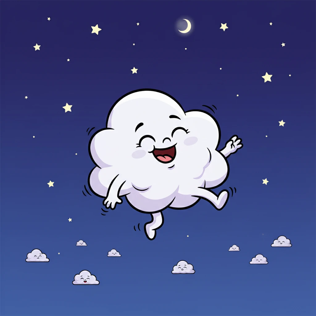 But tonight, one cloud named Fluffernutter was feeling extra bouncy and playful. Instead of settling down with the others, Fluffernutter giggled and danced away, drifting towards the very edge of the vast, twinkling night sky.