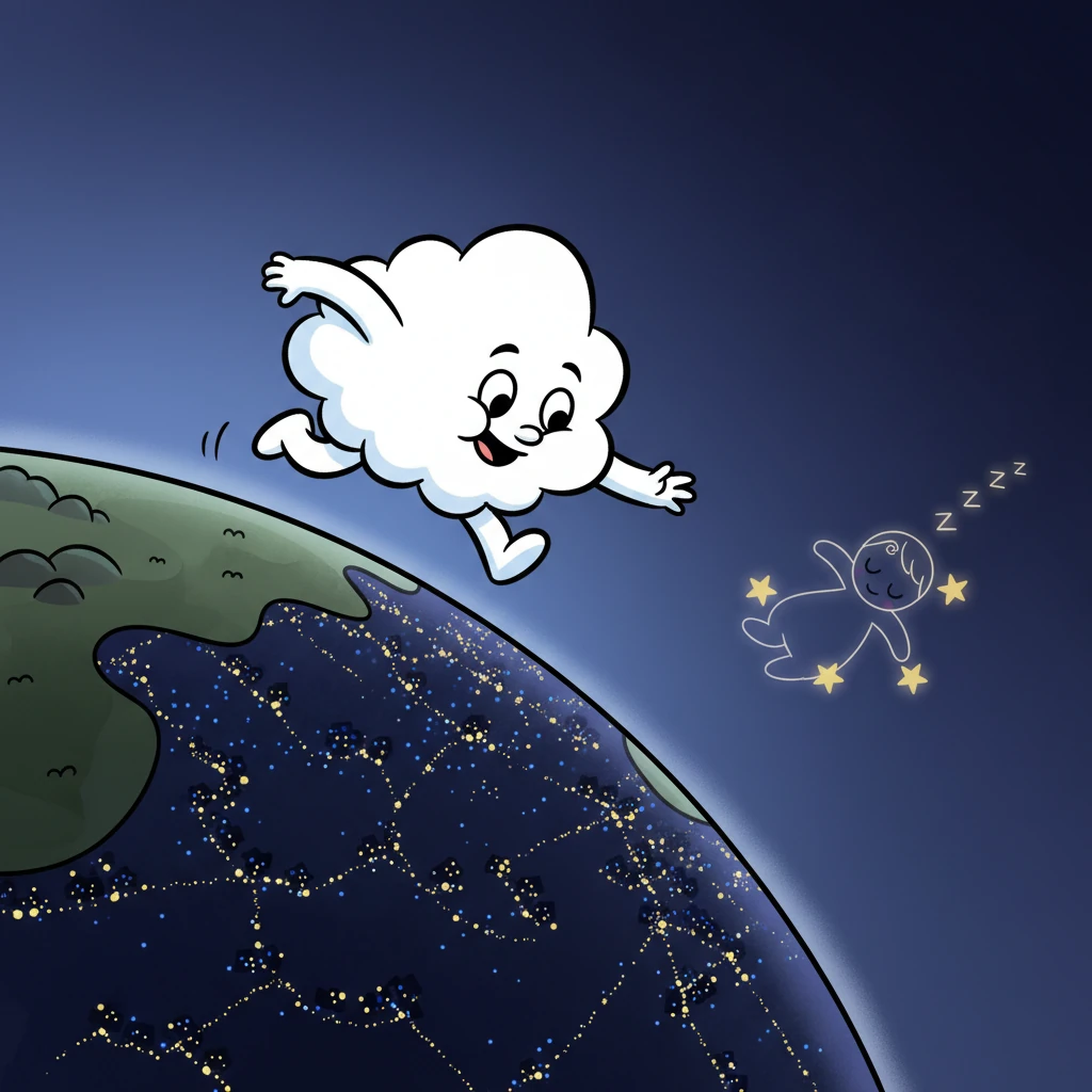 Fluffernutter continued its grand adventure, bouncing past a sleeping constellation and peeking over the edge of the world. Far below, tiny twinkling town lights looked like scattered jewels, making the cloud feel wonderfully free.