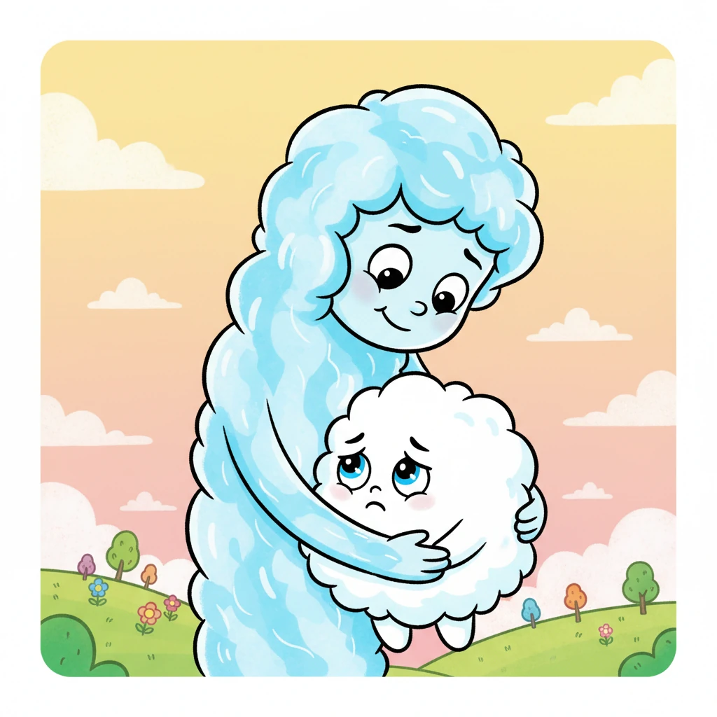 Just then, Pip caught up, not with a scold, but with a warm, understanding smile. He gently wrapped a wispy, comforting arm around Fluffernutter, letting the little cloud know it wasn't alone.