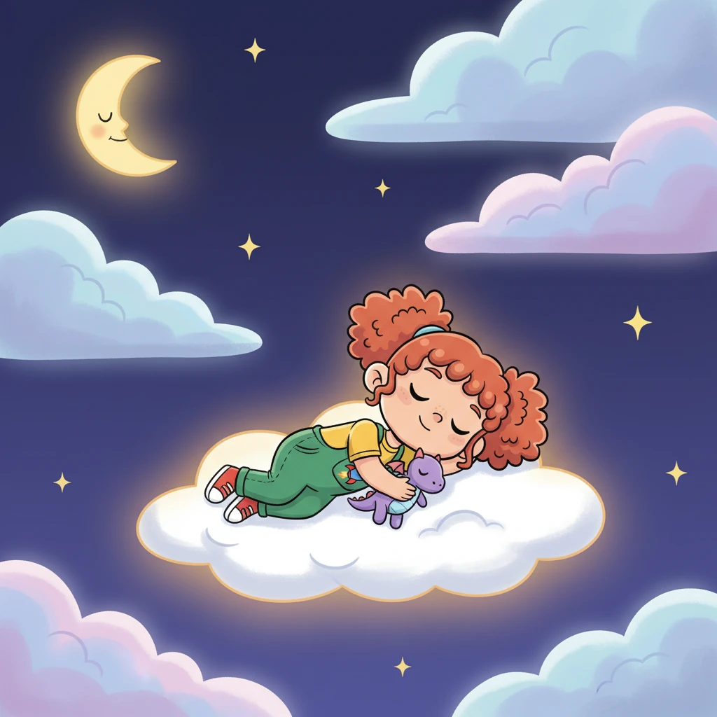 With all the clouds tucked in and glowing softly, the sky was a perfect, peaceful blanket for dreaming. Pip waved goodnight to the moon and stars, then found his own tiny cloud, ready for a well-deserved, sweet sleep.