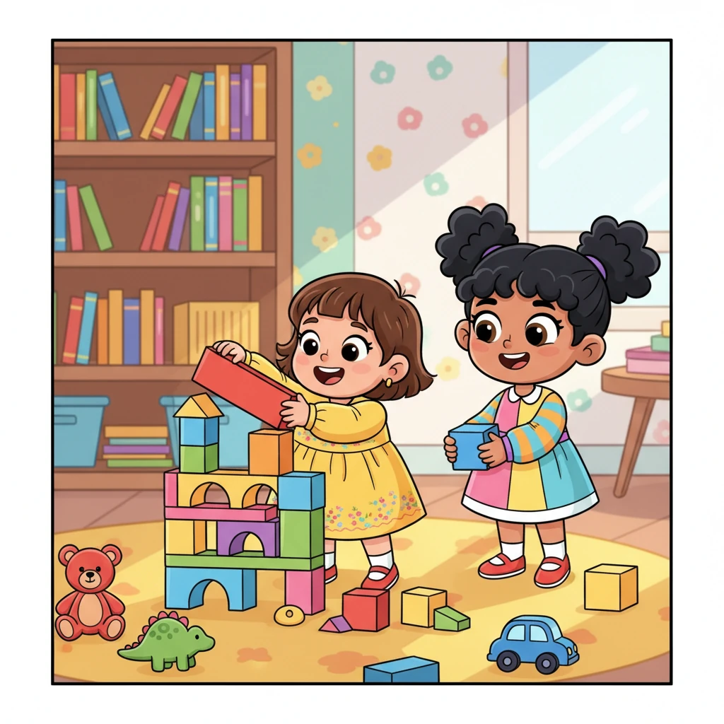 Hoor, with her round, cheerful face and bright, curious eyes, giggles joyfully in their sun-drenched playroom. Her older sister, Mariam, with a mischievous yet kind smile, helps her stack colorful blocks into a towering castle. Toys are scattered playfully around them, creating a vibrant, happy mess.