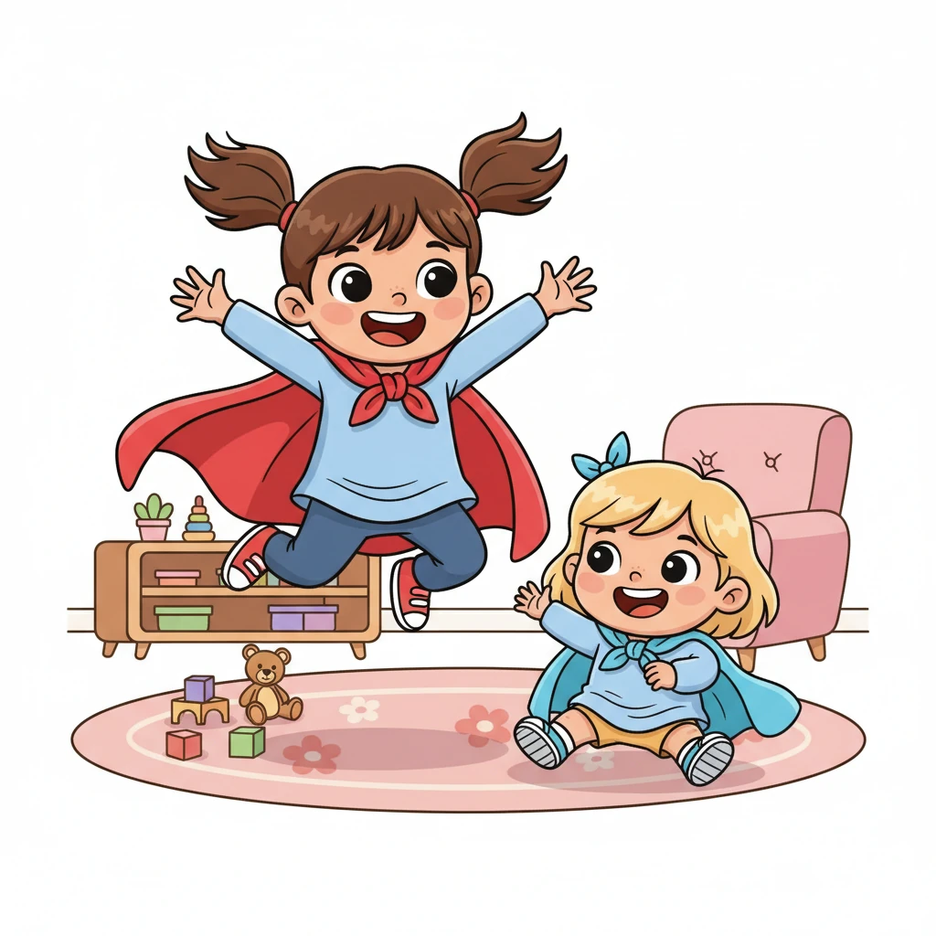 Mariam, wearing a bright red blanket as a superhero cape, leaps dynamically across the room, her pigtails flying. Hoor, with wide, adoring eyes and a big grin, tries to imitate her, stumbling adorably with a smaller blue blanket, both dissolving into infectious laughter.