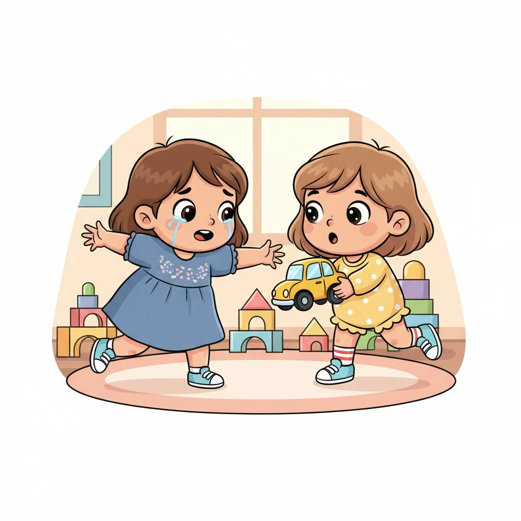 Their game takes a turn as both sisters reach for the same bright yellow toy car. Hoor's happy expression begins to waver, her lower lip starting to tremble as Mariam, already holding the car, looks up, surprised by her sister's sudden change of mood.