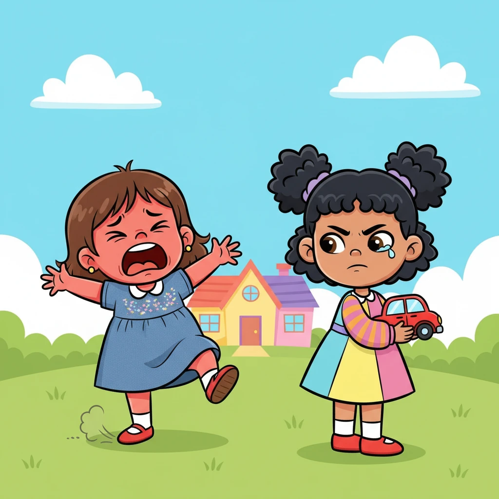 Hoor lets out a loud, frustrated cry, her little face scrunched up in a pout as she stomps her foot. Mariam, clutching the toy car tightly, turns her back with a stubborn frown, a tiny tear welling in her own eye, unwilling to give in.