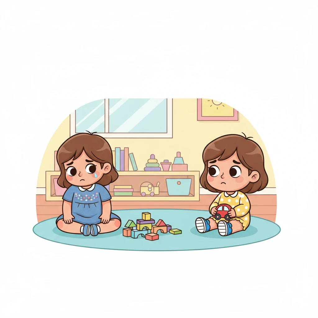 A quiet sadness settles over the playroom. Hoor sits on the soft rug, her shoulders slumped, softly sniffling next to a pile of ignored building blocks. Mariam sits a short distance away, holding the toy car, her expression thoughtful and a little regretful.