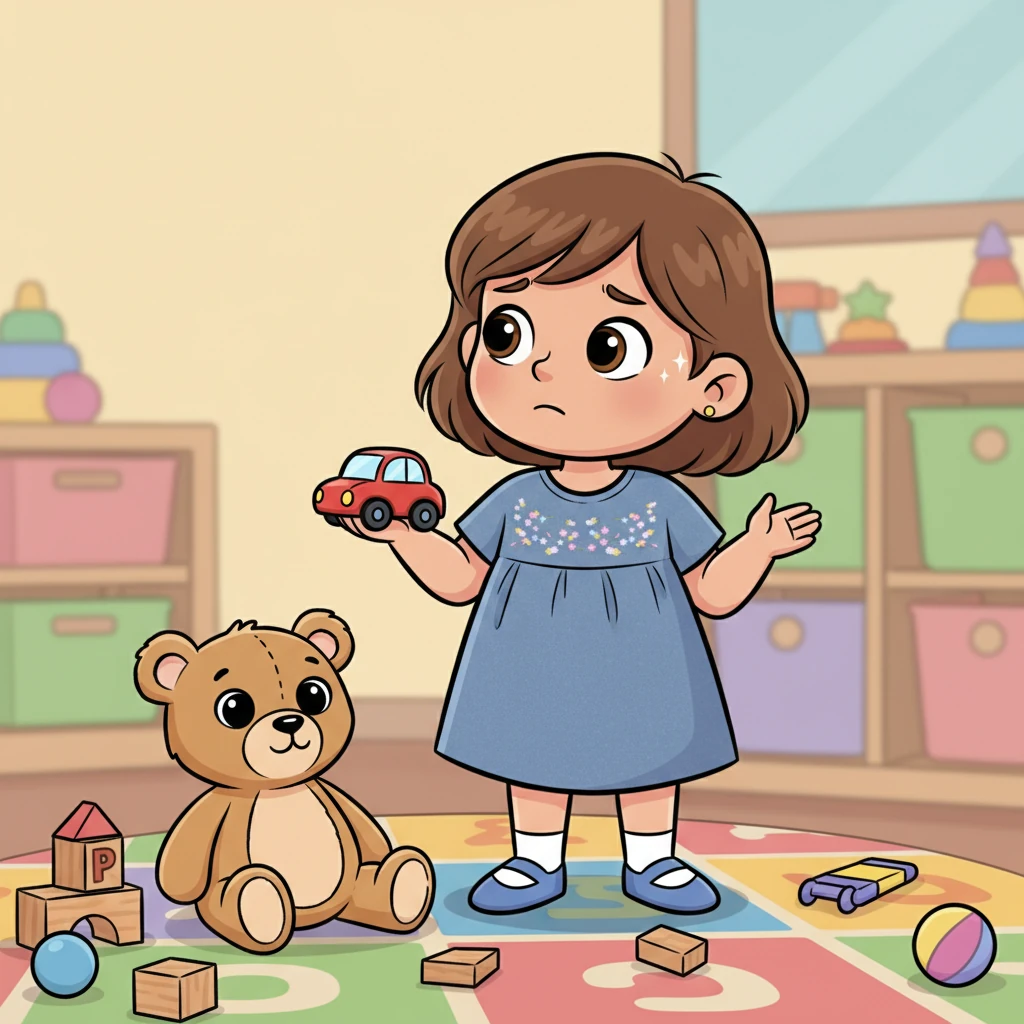 Mariam glances over at Hoor, her brow furrowed with concern. She looks at the bright toy car in her hand, then at a fluffy, friendly-looking teddy bear nestled amongst the toys. A small, hopeful idea begins to sparkle in her eyes, forming a gentle smile.