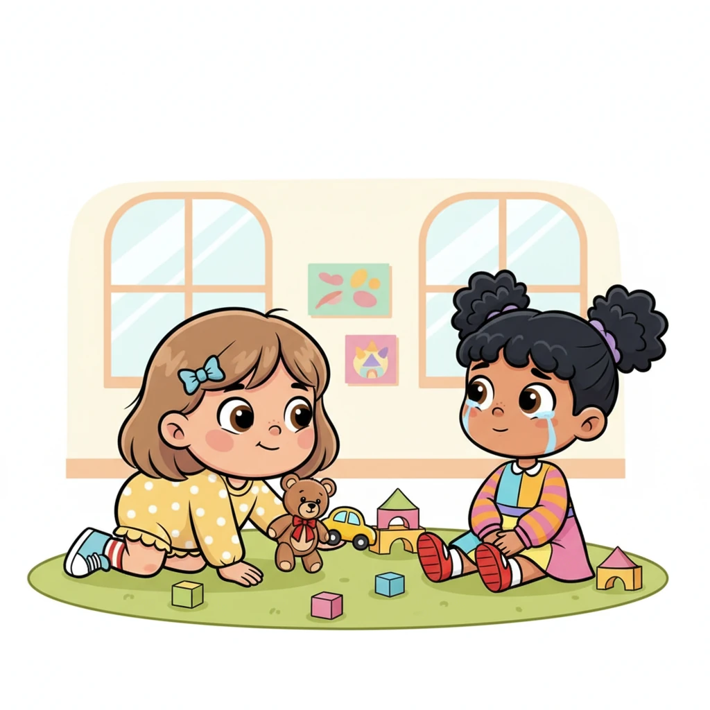 Mariam slowly crawls towards Hoor, gently holding out both the fluffy teddy bear and the bright yellow toy car. Her eyes are soft and apologetic as she offers a tentative smile. Hoor looks up, her tear-streaked face showing a glimmer of curiosity and hope.