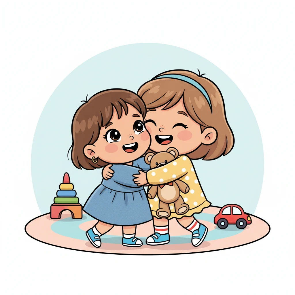 Hoor's face instantly brightens as she sees the offerings. She reaches out for the soft teddy bear, then throws her arms around Mariam in a big, wobbly hug. Mariam hugs her back tightly, both sisters smiling widely, their little disagreement completely forgotten.