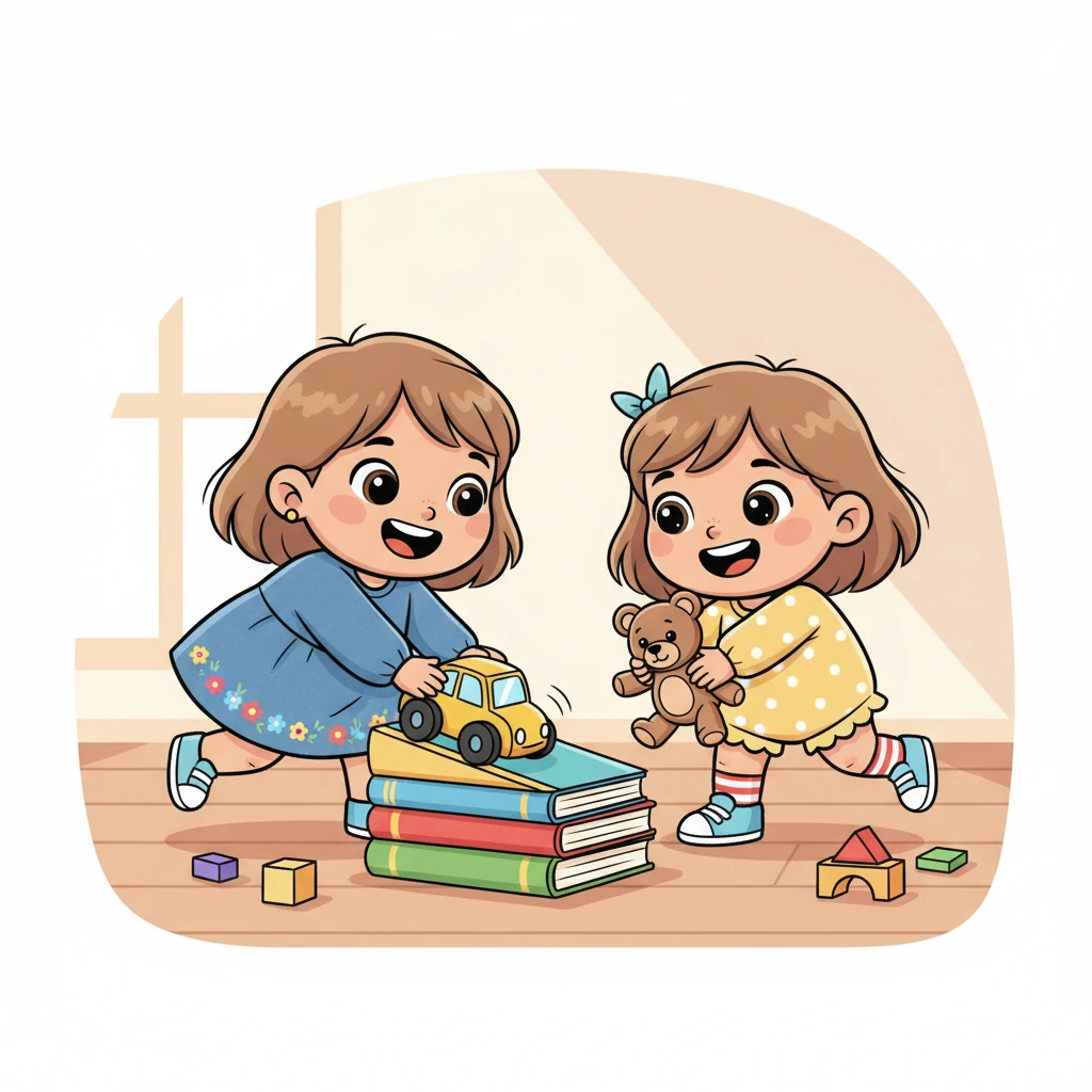 Reunited and happier than ever, Hoor and Mariam are now zooming the yellow toy car and the teddy bear down an imaginary ramp made of colorful books. Their laughter fills the room once more, louder and more joyful as they share and take turns with big, beaming smiles.
