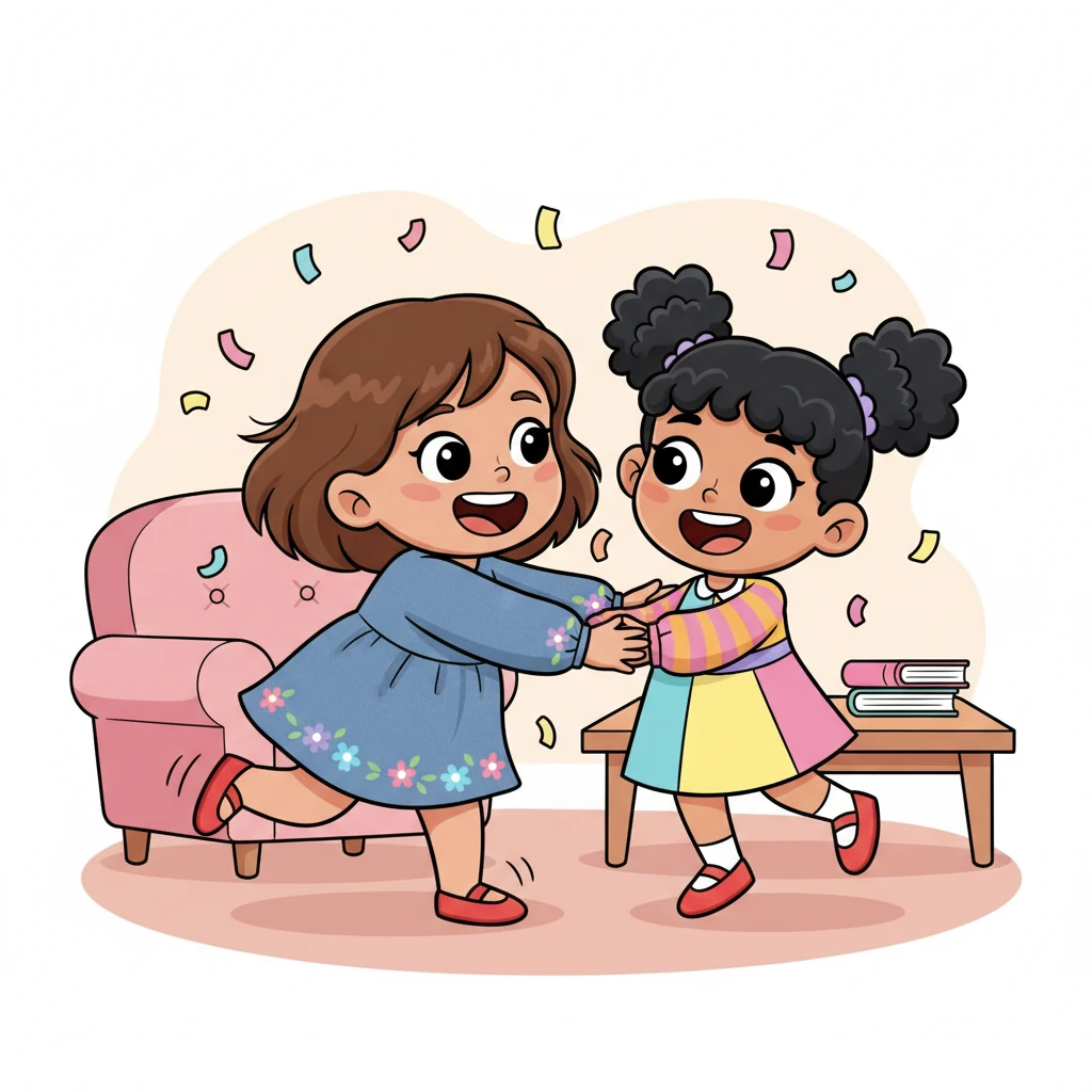The sisters are a whirlwind of happy energy, chasing each other around the room, their movements light and full of fun. Mariam playfully tickles Hoor, who squeals with delight, their faces beaming with pure, unadulterated joy, their bond stronger than ever.