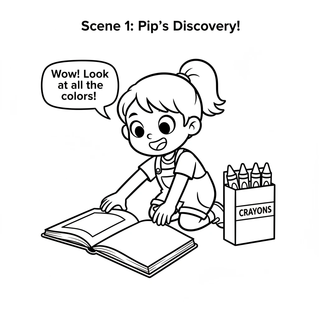 Little Pip finds a brand new coloring book, full of blank pages just waiting for colors. She also sees a big box of bright crayons, neatly lined up.