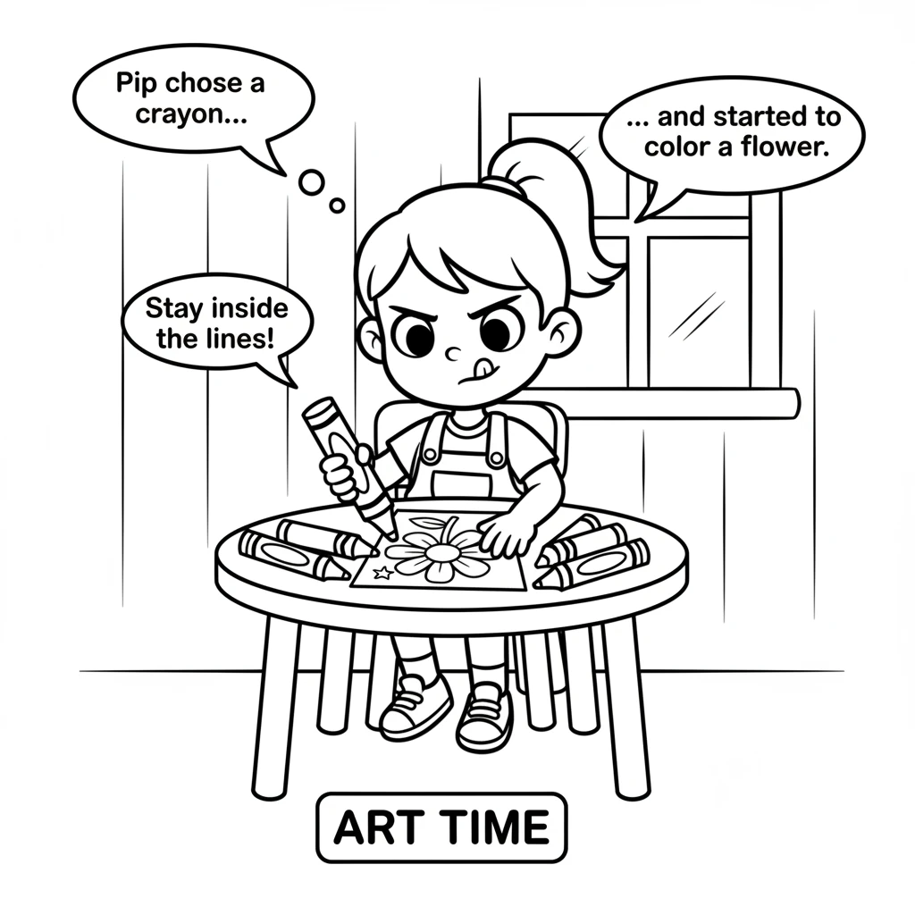 Pip chooses a crayon and carefully starts to color a flower, making sure to stay perfectly inside the lines. She wants it to be just right.