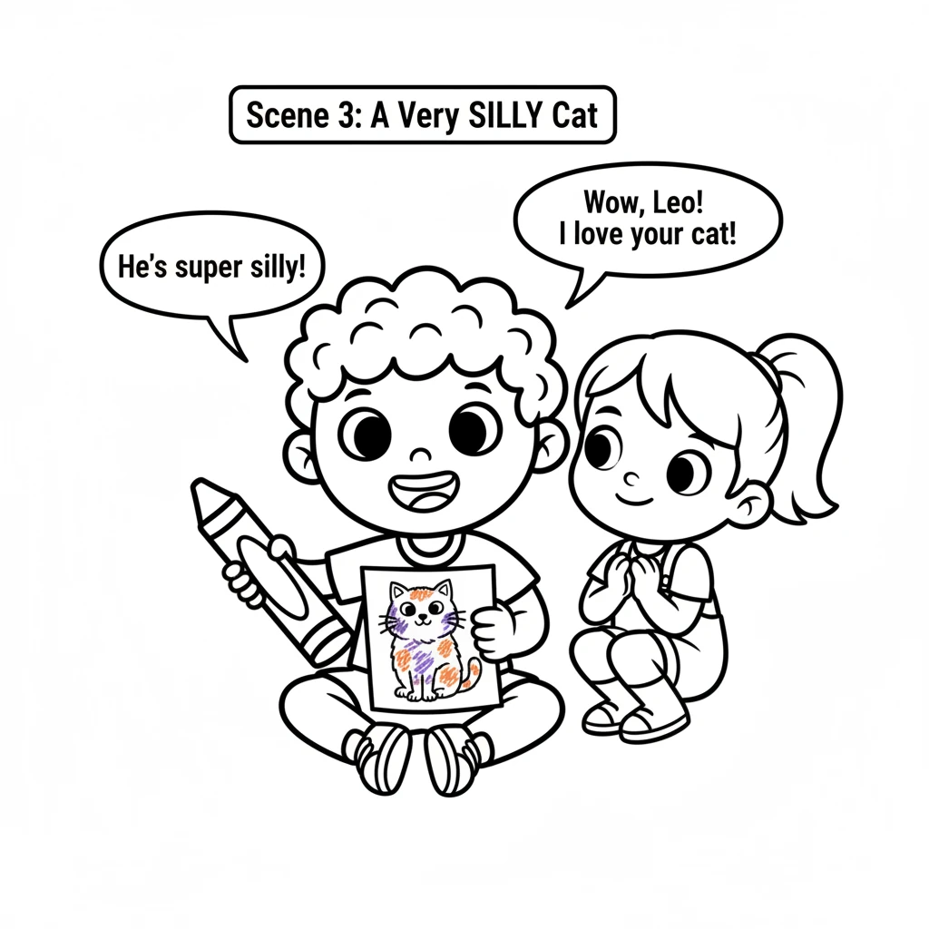 She peeks over at her friend, Leo, who is coloring a fluffy cat. Leo's cat has bright purple fur and playful orange spots, and he looks very happy.