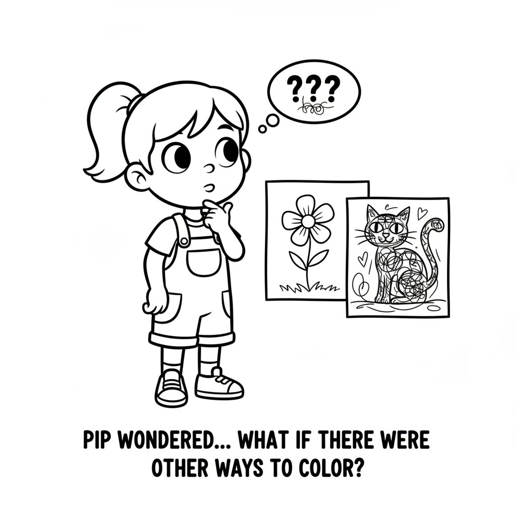 Pip looks back at her own neat flower. It's pretty, but Leo's colorful cat makes her wonder if there are other ways to color. She taps her chin though