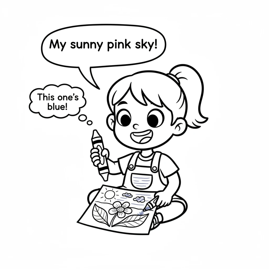 With a giggle, Pip picks a bright blue crayon and colors the leaves of her flower. Then, she makes the sky in her drawing a brilliant, sunny pink!