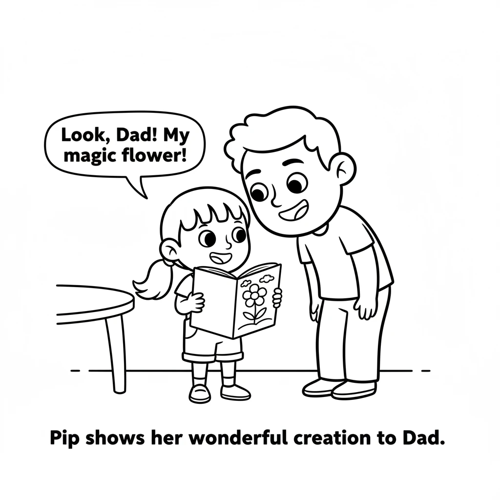 Pip excitedly shows her wonderfully unique blue-leafed, pink-sky flower to her dad. She holds up her book with a hopeful smile.
