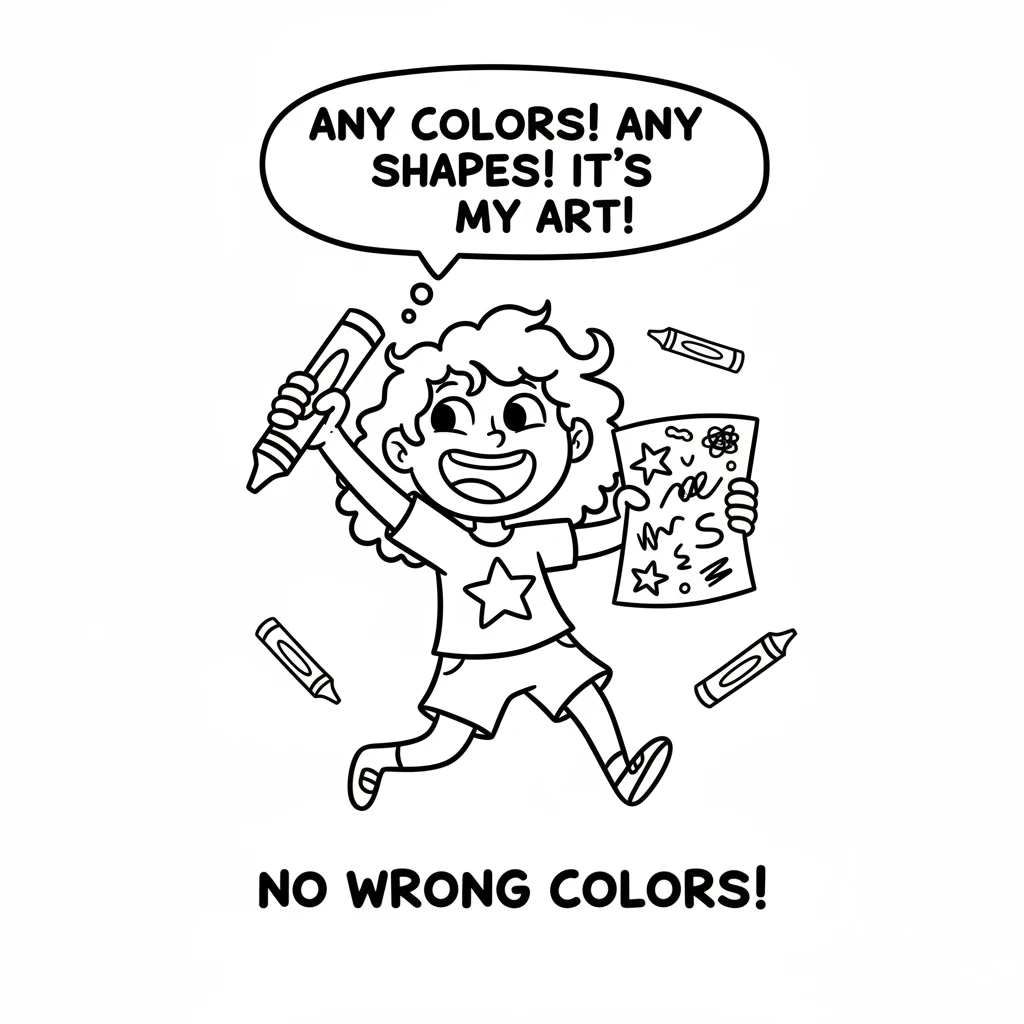 Pip realizes there are no "wrong" colors in her own art. She feels a joyful freedom to create whatever she dreams, using any color she likes.