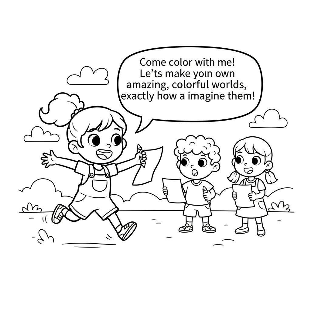 Pip runs to her friends and invites them, "Come color with me! Let's make our own amazing, colorful worlds, exactly how we imagine them!"