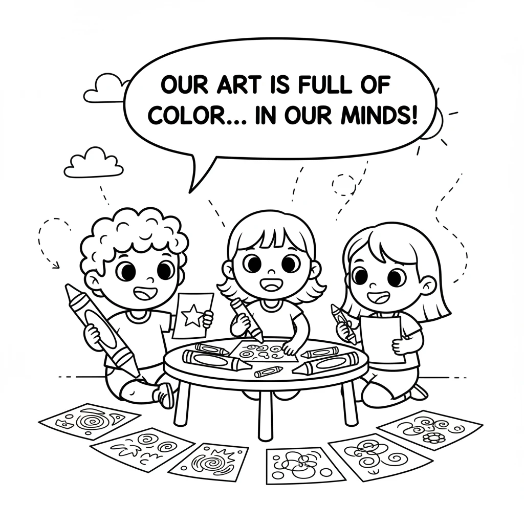 Now, all the children are coloring together, using all sorts of wonderful, unexpected colors. Their pages are full of joy, imagination, and vibrant, f