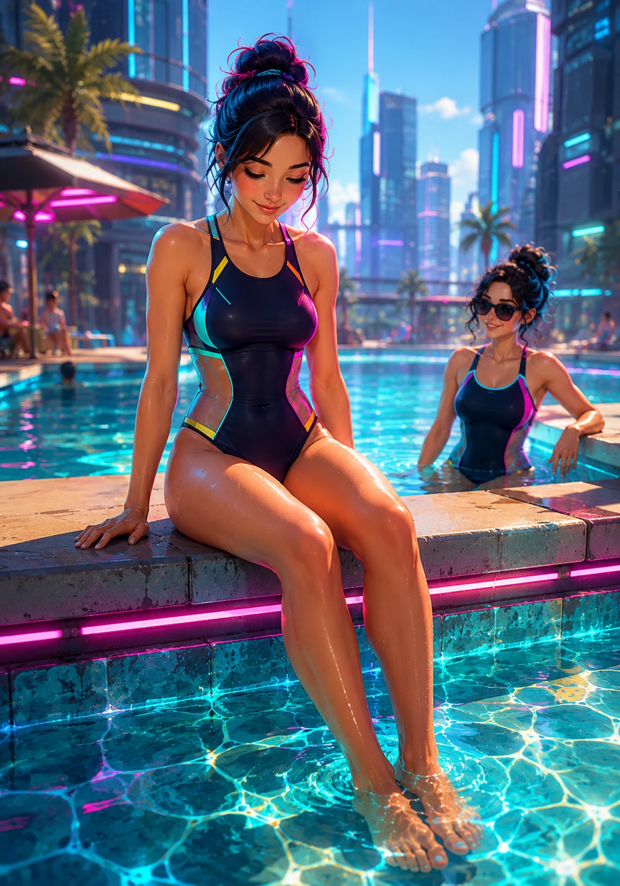The afternoon sun beats down on the public pool, turning the water into a shifting mosaic of brilliant turquoise and gold. Elena sits on the edge, dipping her feet into the cool water, feeling a strange, new quiet settling deep within her heart.