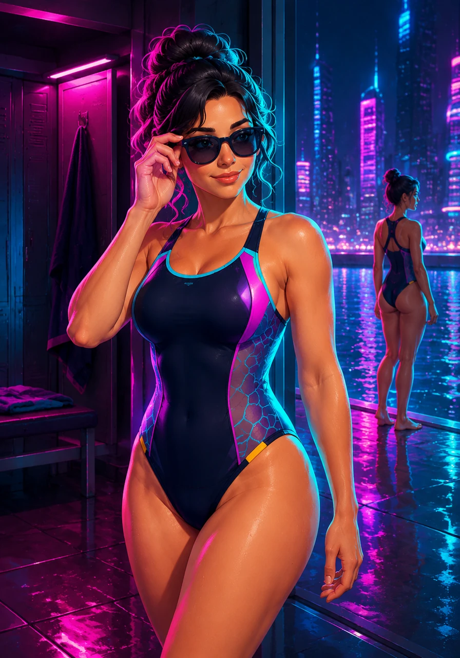 Across the shimmering water, Clara steps out of the locker room, adjusting her sunglasses as the bright light hits her. She carries an unspoken realization in her gentle smile, a recent truth she has finally embraced about herself.